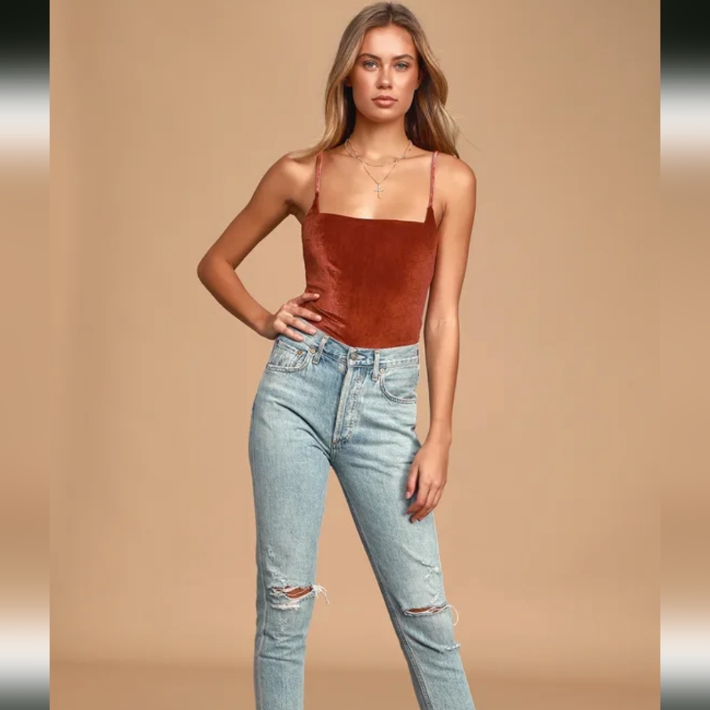 Ultimate Babe Rust Orange Velvet Square Neck Bodysui
